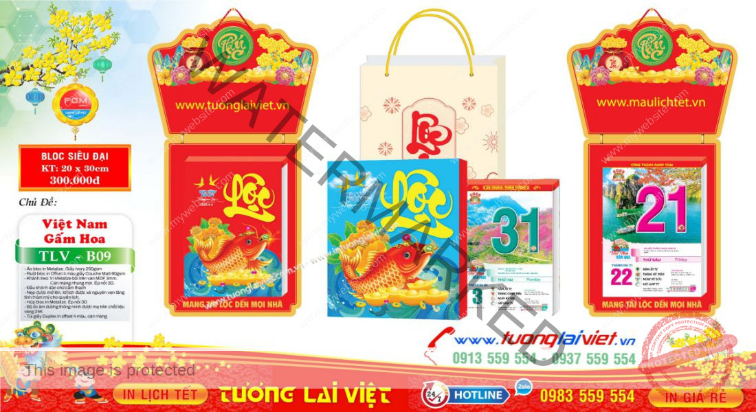Mẫu Lịch Bloc Dán Nổi Chữ Phúc
