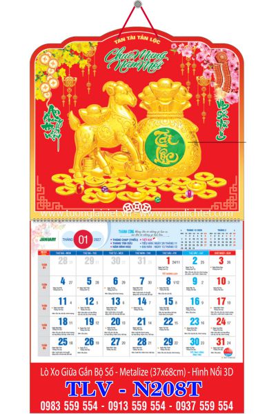 Lịch lò xo 13 tờ dán nổi Xuân Tài Lộc